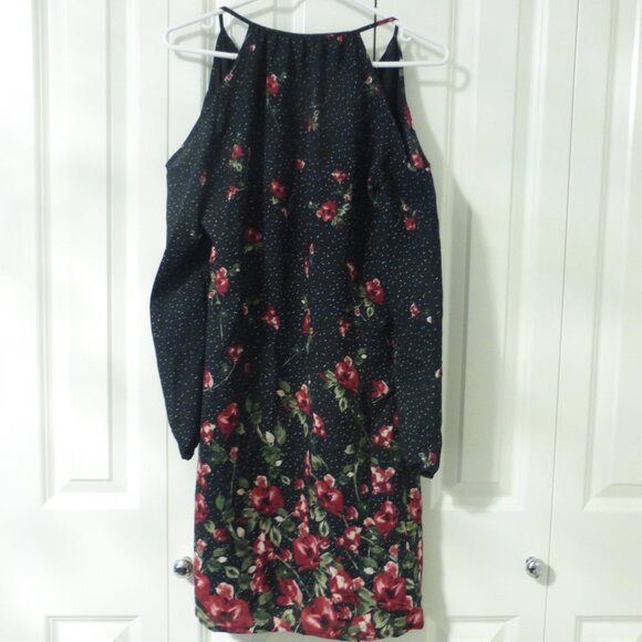 LE CHATEAU black & red long sleeve cold shoulder chiffon floral dress - Picture 2 of 12